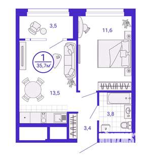 1-к квартира, вторичка, 34м2, 13/28 этаж