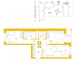 3-к квартира, строящийся дом, 65м2, 14/25 этаж