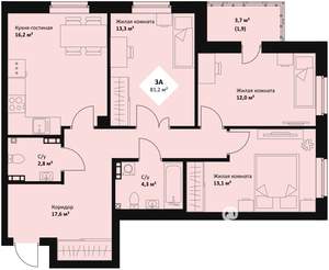 3-к квартира, вторичка, 81м2, 3/25 этаж