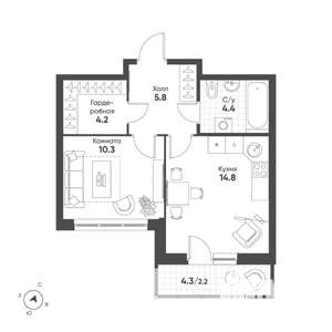 1-к квартира, вторичка, 42м2, 12/15 этаж