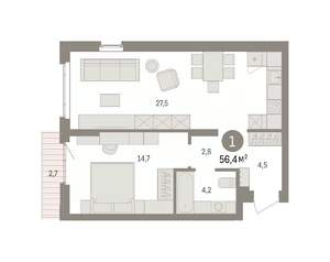1-к квартира, вторичка, 56м2, 5/16 этаж