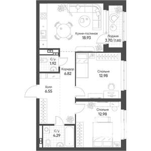 2-к квартира, строящийся дом, 66м2, 9/16 этаж