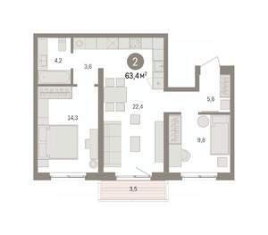 2-к квартира, вторичка, 63м2, 3/8 этаж