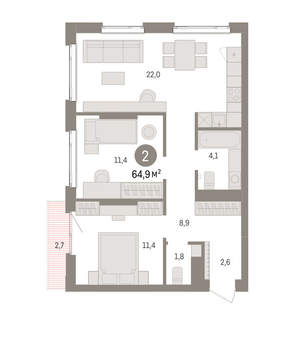 2-к квартира, вторичка, 65м2, 11/25 этаж
