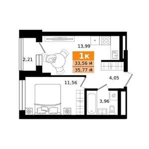 1-к квартира, строящийся дом, 36м2, 19/27 этаж
