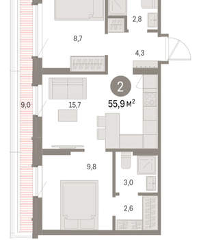2-к квартира, вторичка, 56м2, 8/9 этаж