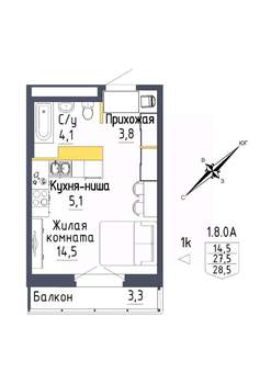 1-к квартира, строящийся дом, 29м2, 8/9 этаж