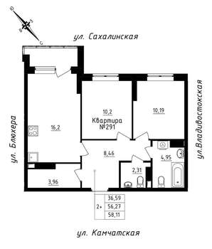 2-к квартира, строящийся дом, 58м2, 25/25 этаж