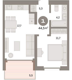 1-к квартира, вторичка, 45м2, 19/24 этаж