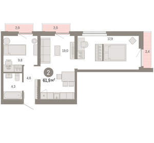 2-к квартира, вторичка, 62м2, 9/9 этаж