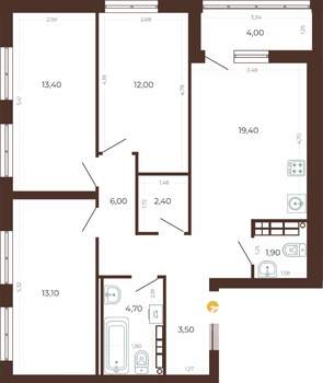 3-к квартира, строящийся дом, 77м2, 6/8 этаж