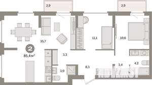 2-к квартира, вторичка, 85м2, 4/9 этаж
