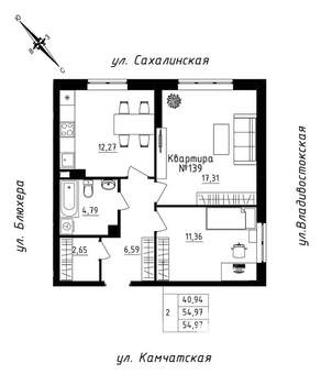 2-к квартира, строящийся дом, 55м2, 12/25 этаж