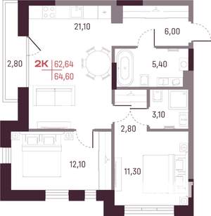 2-к квартира, вторичка, 63м2, 2/25 этаж