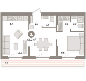 1-к квартира, вторичка, 56м2, 8/16 этаж