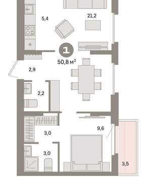 1-к квартира, вторичка, 51м2, 9/16 этаж