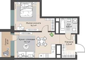 1-к квартира, строящийся дом, 48м2, 21/30 этаж