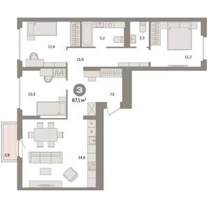 3-к квартира, вторичка, 87м2, 5/9 этаж