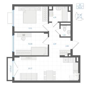 2-к квартира, строящийся дом, 56м2, 3/4 этаж