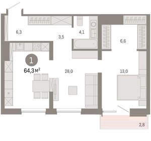 1-к квартира, вторичка, 64м2, 6/8 этаж