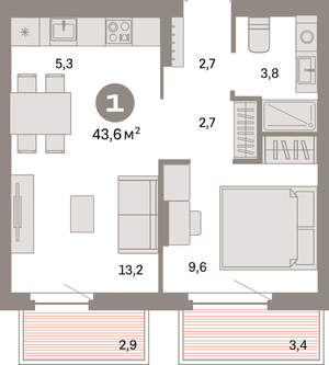 1-к квартира, вторичка, 44м2, 4/16 этаж