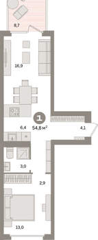 1-к квартира, вторичка, 55м2, 2/16 этаж