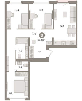 3-к квартира, вторичка, 87м2, 4/9 этаж