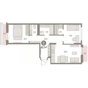 2-к квартира, вторичка, 64м2, 8/9 этаж