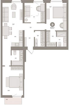 3-к квартира, вторичка, 95м2, 4/16 этаж
