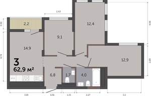3-к квартира, вторичка, 63м2, 6/19 этаж