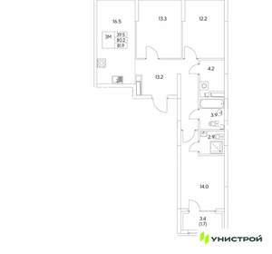 3-к квартира, вторичка, 82м2, 6/30 этаж