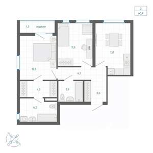 2-к квартира, строящийся дом, 61м2, 30/32 этаж