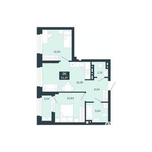 2-к квартира, строящийся дом, 54м2, 9/25 этаж