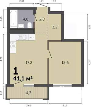 1-к квартира, строящийся дом, 41м2, 18/19 этаж