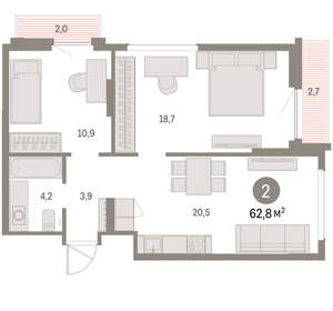 2-к квартира, вторичка, 63м2, 9/9 этаж