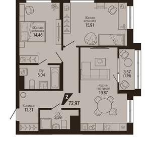 2-к квартира, вторичка, 73м2, 7/23 этаж