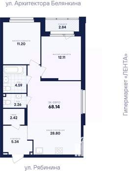2-к квартира, вторичка, 68м2, 3/26 этаж