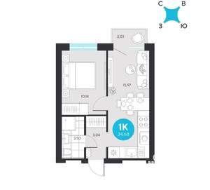 1-к квартира, строящийся дом, 35м2, 17/23 этаж