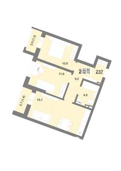 2-к квартира, вторичка, 58м2, 3/18 этаж