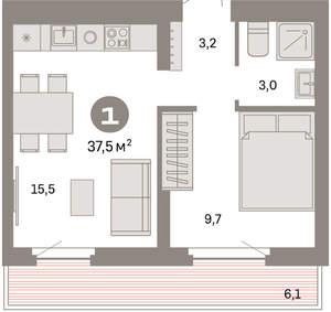 1-к квартира, вторичка, 38м2, 8/9 этаж