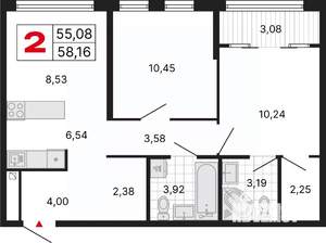 2-к квартира, вторичка, 58м2, 22/25 этаж