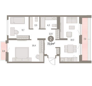 2-к квартира, вторичка, 72м2, 8/9 этаж