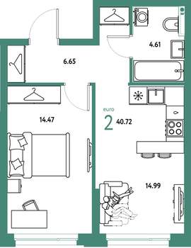2-к квартира, вторичка, 41м2, 13/24 этаж