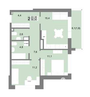 2-к квартира, строящийся дом, 59м2, 6/25 этаж