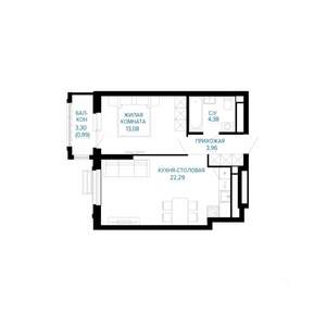 1-к квартира, строящийся дом, 45м2, 29/30 этаж