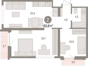 2-к квартира, вторичка, 63м2, 8/9 этаж