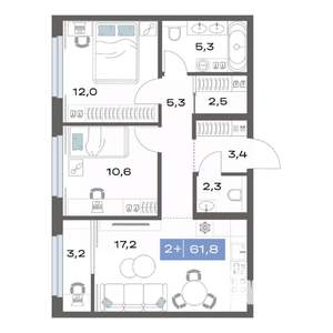 2-к квартира, строящийся дом, 62м2, 12/17 этаж