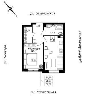 1-к квартира, строящийся дом, 36м2, 5/25 этаж