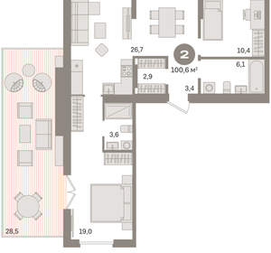 2-к квартира, вторичка, 101м2, 9/9 этаж