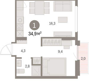 1-к квартира, вторичка, 35м2, 7/9 этаж
